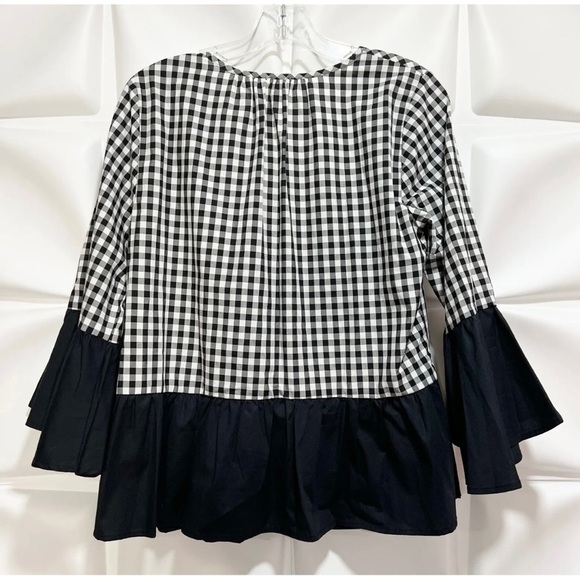 Cupio Womens Sz M Black White Gingham Pom Fringe Peplum Bell Sleeve Blouse Top - Picture 5 of 7